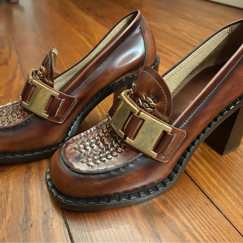 Prada Brown Leather Heels with Gold Buckle
